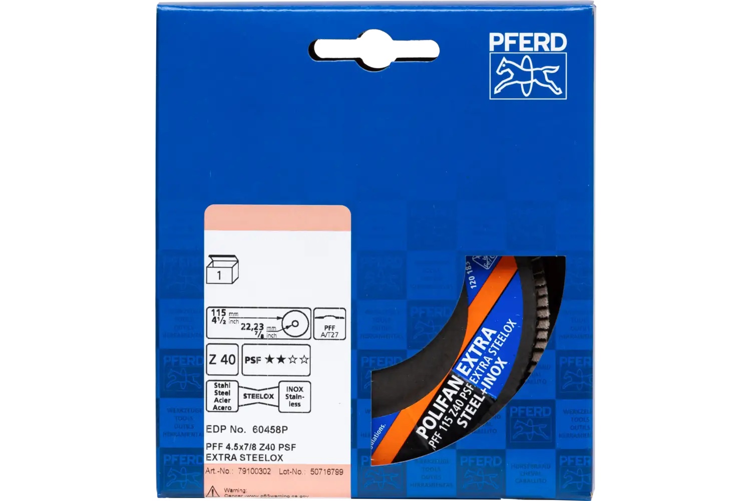 Picture of Pferd Flap Disc, 4-1/2"x7/8, Z PSF Extra Steelox, 40 Grit, T27, Flat, Zirconia, 5PK